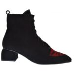 Dansi Γυναικεία Δερμάτινα Μποτάκια Μαύρα Suede με Κόκκινη Animal Print Μύτη & Χαμηλό Τακούνι